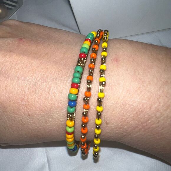 Boho Gold Tone and Colorful Bead Set of Three Bangle Bracelets - Picture 1 of 5